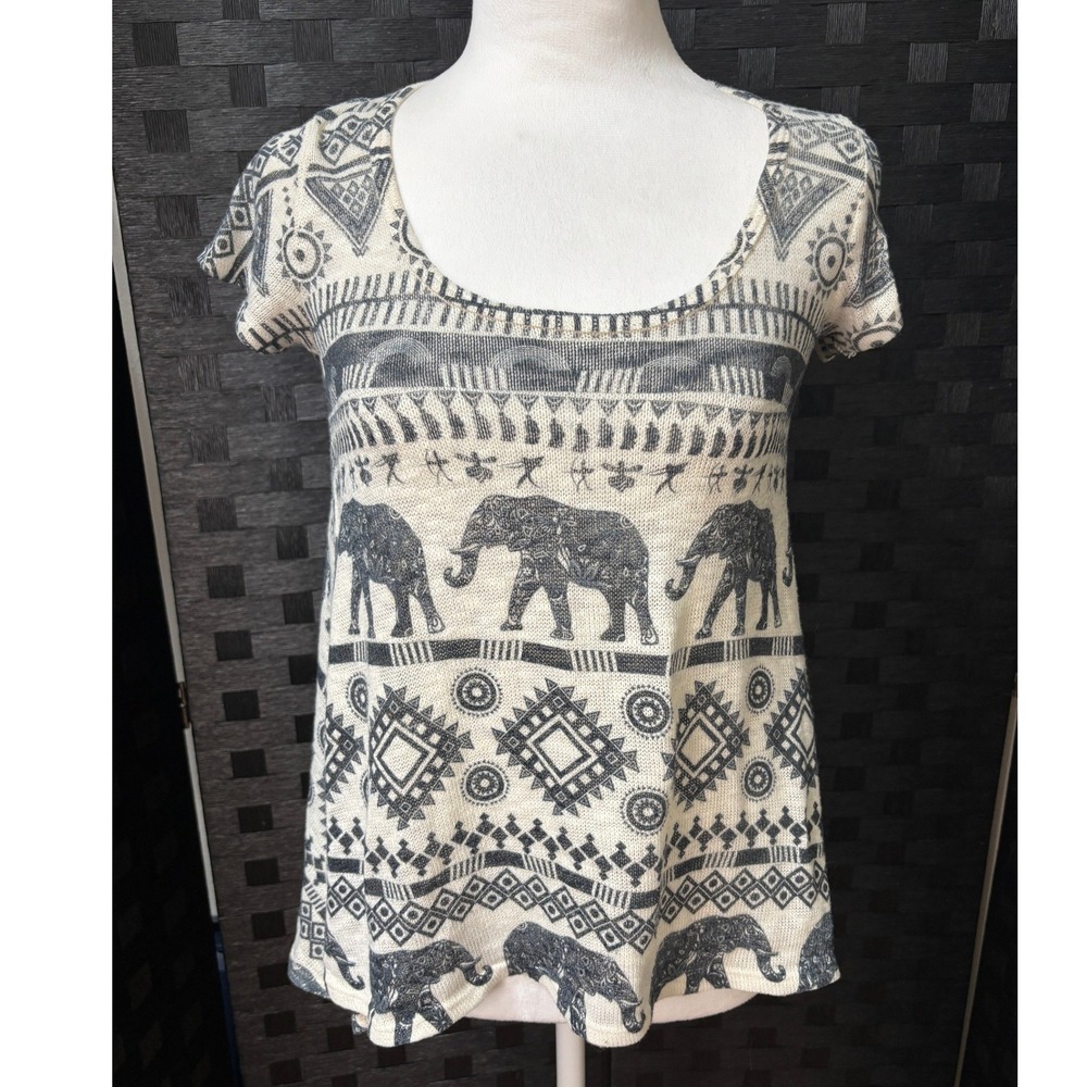 Gaze Knit Top Cream Black Elephant Tribal Print Boho Festival Southwestern S